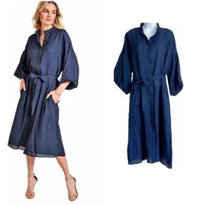Jane + One Button Down Midi Tunic Dress With Belt Navy Stripe Medium boutique